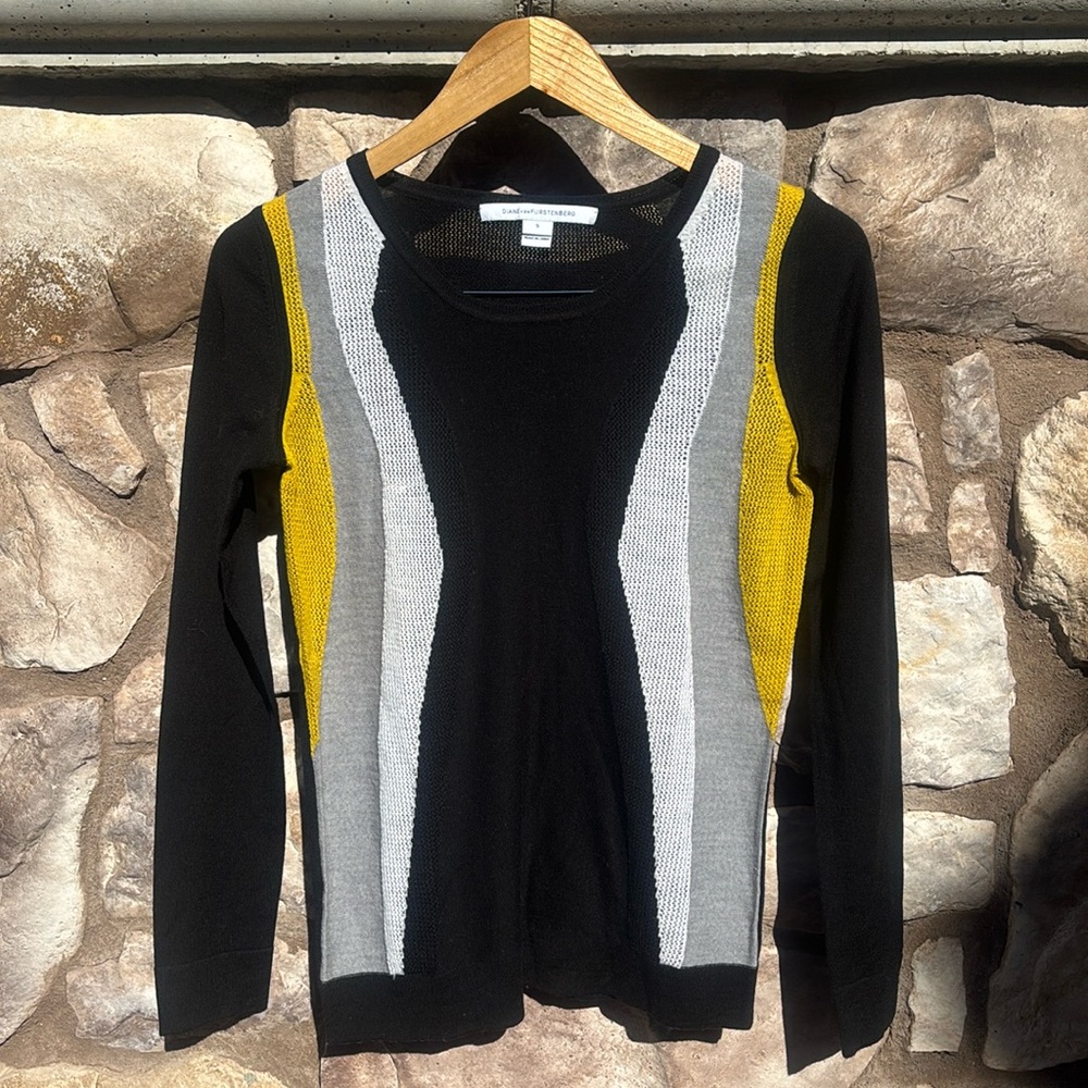 Diane Von Furstenberg Sweater Wool Long Sleeve Lightweight Black Gray Small